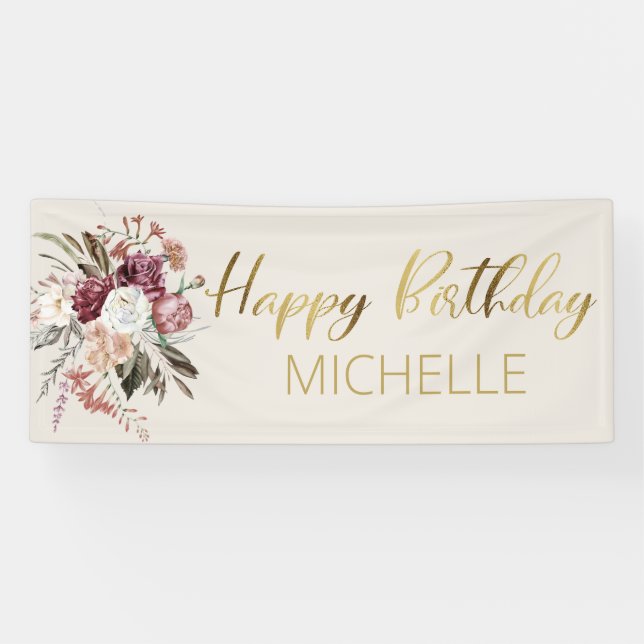 Burgundy Floral Cream Gold Happy Birthday Banner (Horizontal)
