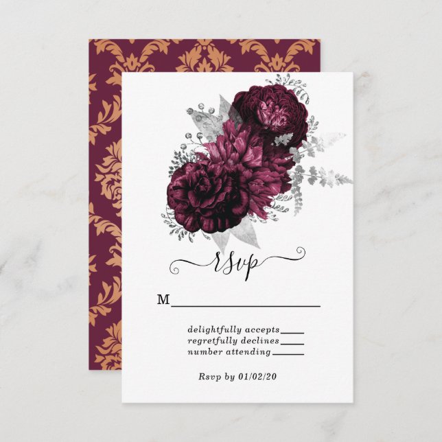 Burgundy Floral & Damask Wedding RSVP Card (Vorne/Hinten)