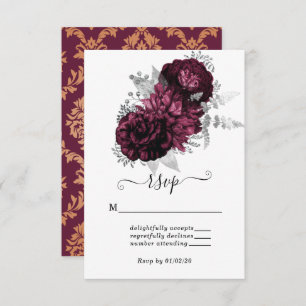 Burgundy Floral & Damask Wedding RSVP Card