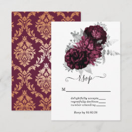 Burgundy Floral & Damask Wedding RSVP Card Karte