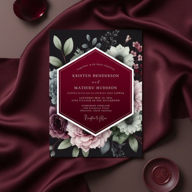 Burgundy Floral Dusk Wedding Einladung (Von Creator hochgeladen)