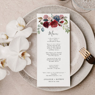Burgundy Floral Dusty Blue Botanical Wedding Menükarte