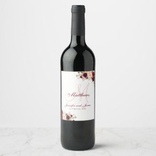Burgundy Floral Elegant Blush Monogram Wedding Weinetikett