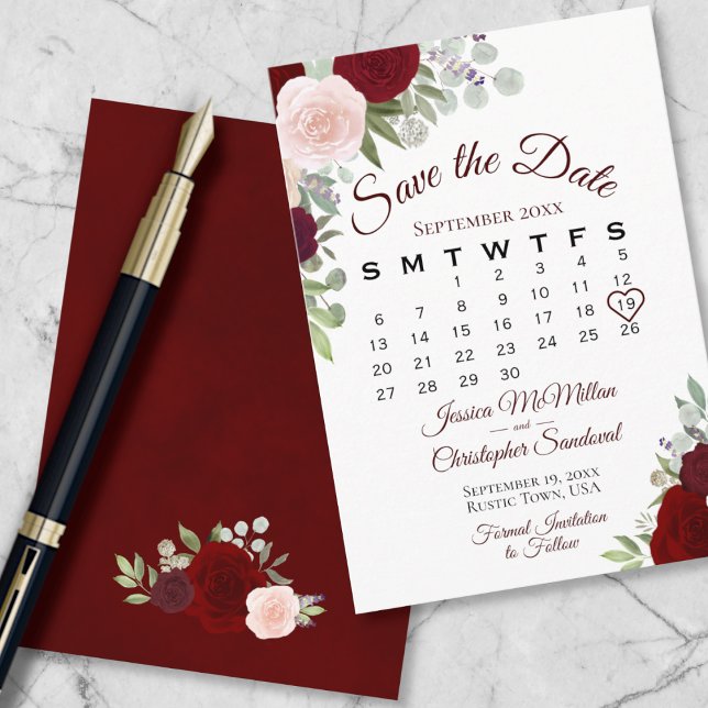 Burgundy Floral Elegant Boho Wedding Calendar Save The Date (Front and Back)