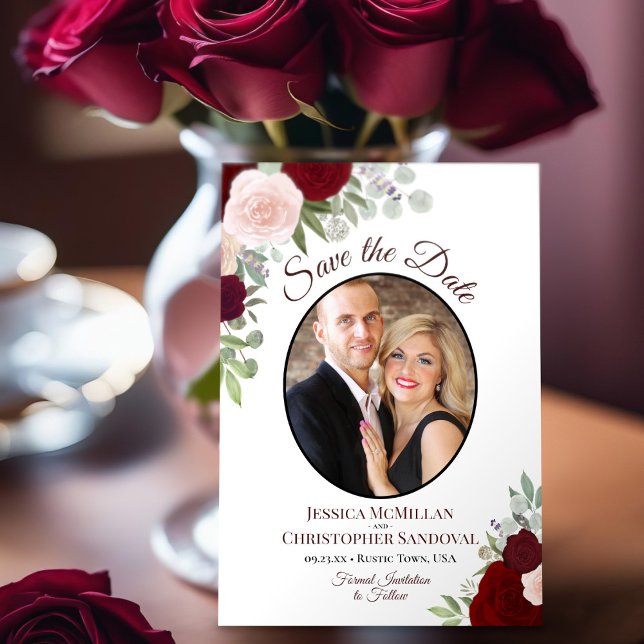 Burgundy Floral Elegant Boho Wedding Foto Save The Date (Von Creator hochgeladen)