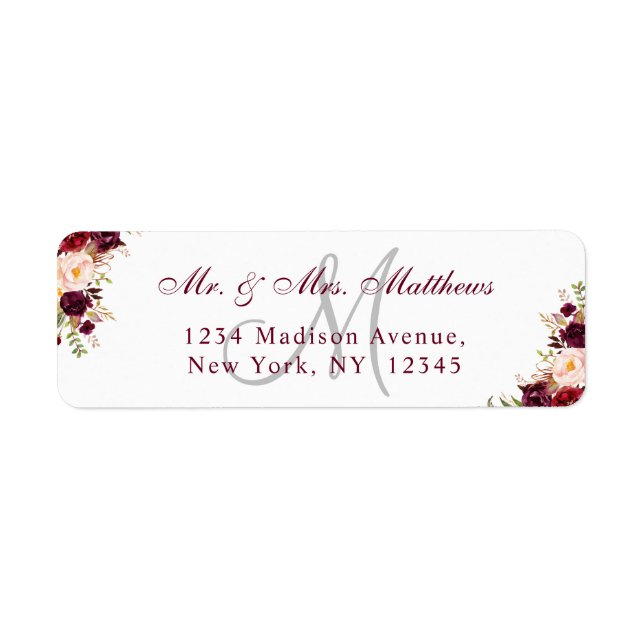 Burgundy Floral Elegant Monogram Wedding Address (Vorne)