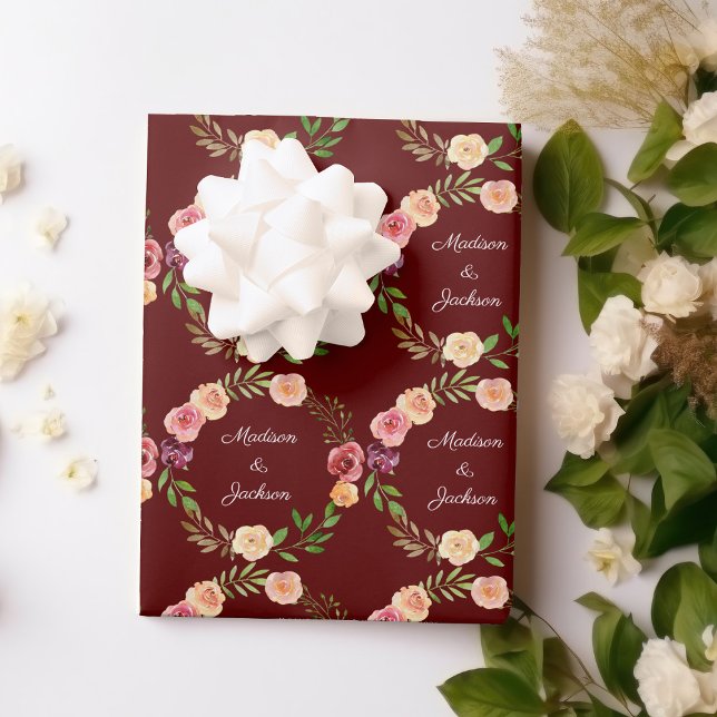 Burgundy Floral Elegant Peony Monogram Wedding Geschenkpapier Set (Von Creator hochgeladen)