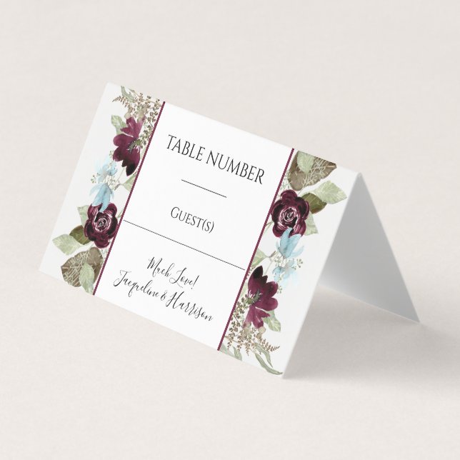 Burgundy Floral Elegante Blue Foliage Placecards Visitenkarten (Vorderseite)