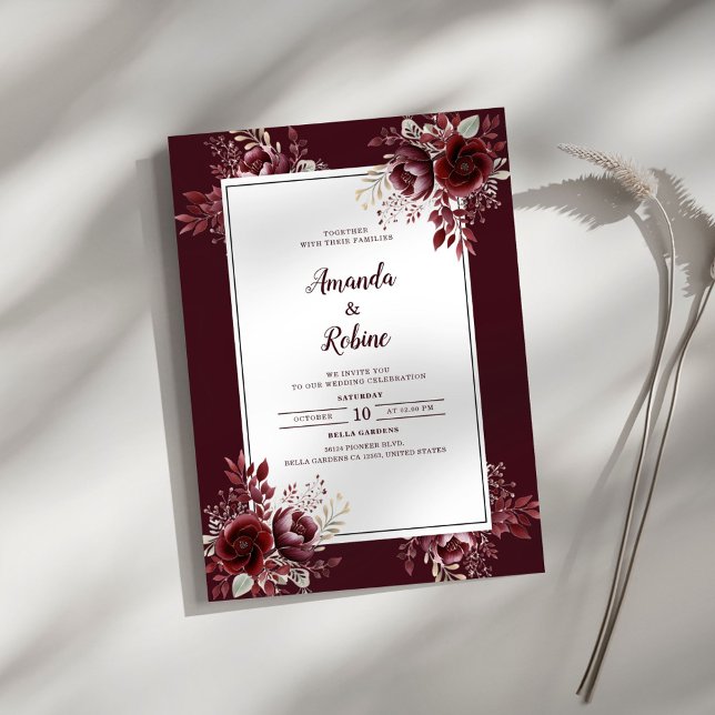 Burgundy Floral Elegante Hochzeit Einladung (Von Creator hochgeladen)