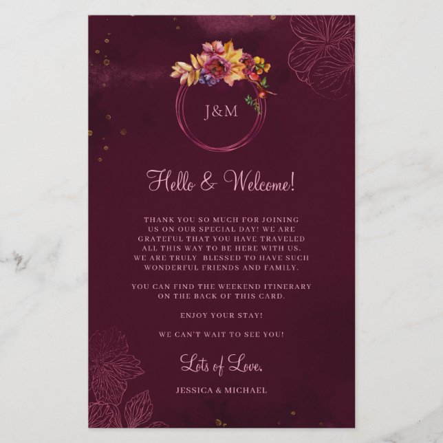 Burgundy Floral Elegante Hochzeit Willkommensreise (Vorderseite)