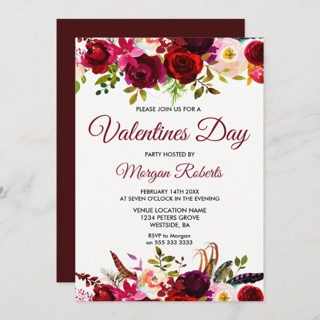Burgundy Floral Eleganter Valentinstag Einladung (Vorne/Hinten)
