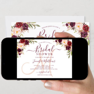 Burgundy Floral Elegantes Monogramm-Brautparty Einladung