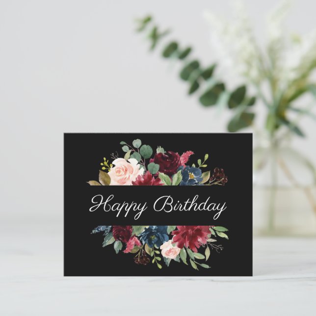 Burgundy Floral Elegantes Wasserfarben Budget Gebu Postkarte (Stehend Vorderseite)