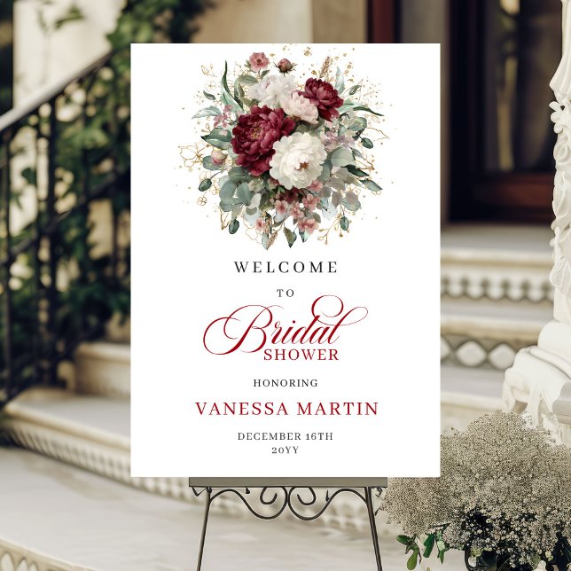 Burgundy Floral Eucalyptus Gold Bridal Welcome  Poster (Burgundy Floral Eucalyptus Gold Bridal Welcome Sign

)