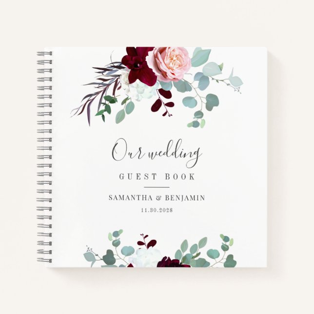 Burgundy Floral Eucalyptus Wedding Gästebuch Notizbuch (Vorderseite)