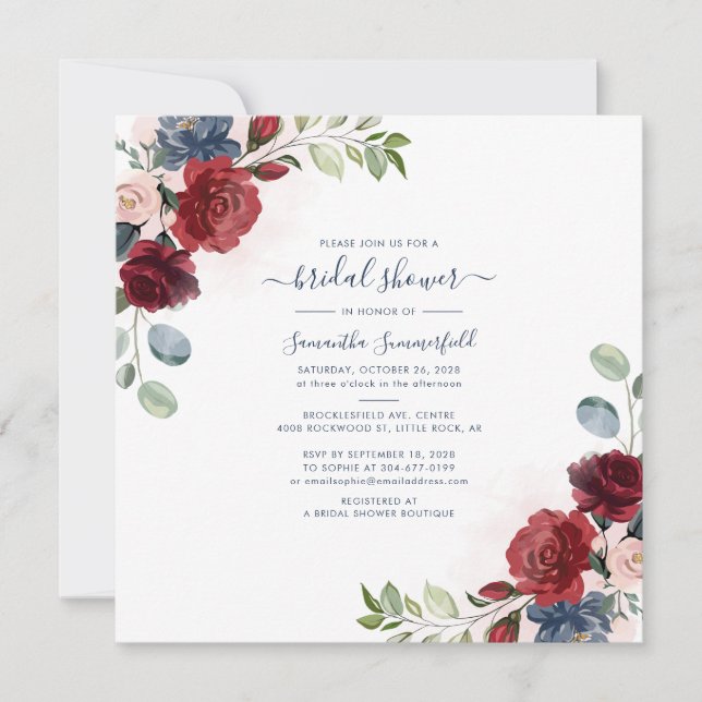 Burgundy Floral Eukalyptus Script-Brautparty Einladung (Vorderseite)