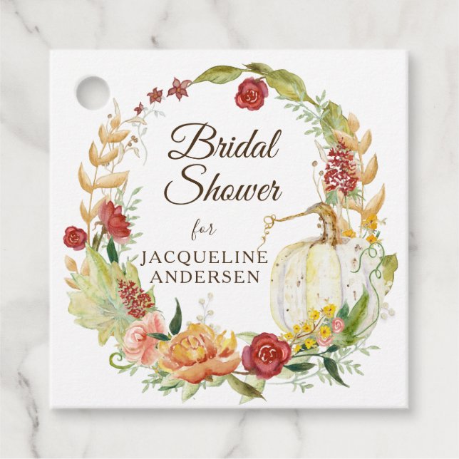 Burgundy Floral Fall Foliage White Pumpkin Bridal Geschenkanhänger (Vorderseite)