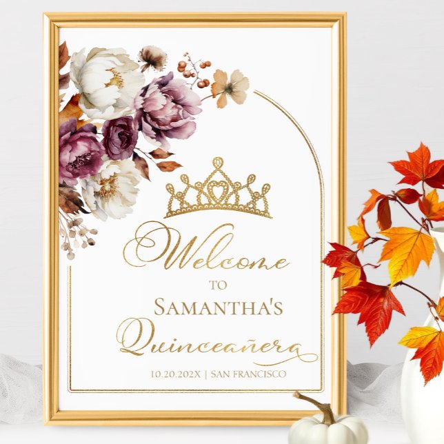 Burgundy Floral Fall Quinceanera Begrüßungszeichen Poster (Von Creator hochgeladen)
