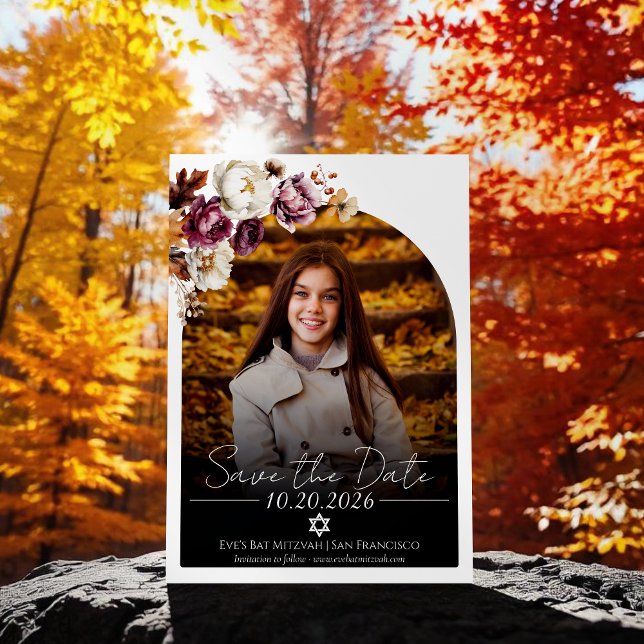 Burgundy Floral Foto Bat Mitzvah Save the Date Einladung (Von Creator hochgeladen)