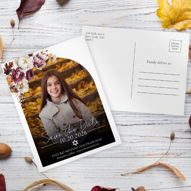 Burgundy Floral Foto Bat Mitzvah Save the Date Postkarte (Von Creator hochgeladen)