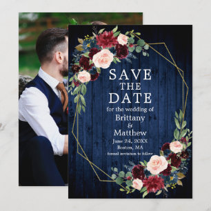 Burgundy Floral Foto Geo Frame Blue Wood Save The Date