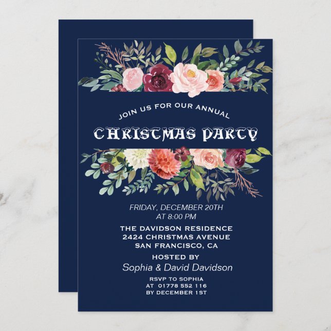 Burgundy Floral Frame Dark Blue Christmas Party Einladung (Vorne/Hinten)