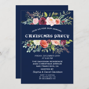 Burgundy Floral Frame Dark Blue Christmas Party Einladung
