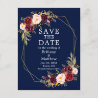 Burgundy Floral Geo Frame Blue Save the Date