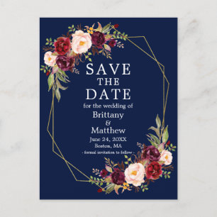 Burgundy Floral Geo Frame Blue Save the Date Postkarte
