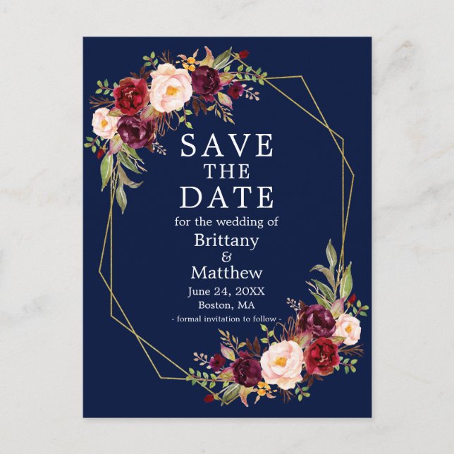 Burgundy Floral Geo Frame Blue Save the Date Postkarte (Vorderseite)