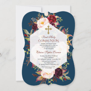 Burgundy Floral Geometric Navy Blue Heilige Kommun Einladung