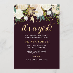 Burgundy Floral Glitzer Sparkling Girl Babydusche Einladung