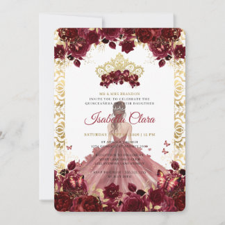 Burgundy Floral Gold Arch Princess Quinceanera Einladung