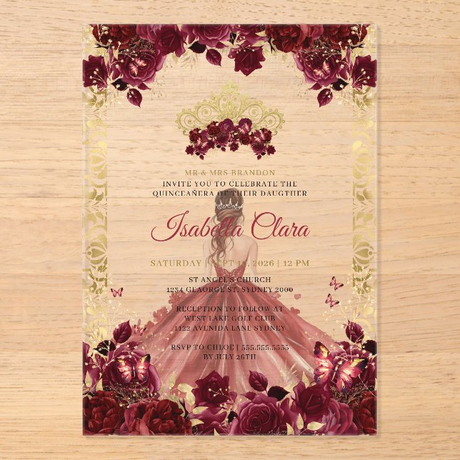 Burgundy Floral Gold Arch Prinzessin Quinceanera Acryleinladungen (Vorderseite)