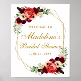 Burgundy Floral Gold Boho Brautparty Willkommen Poster
