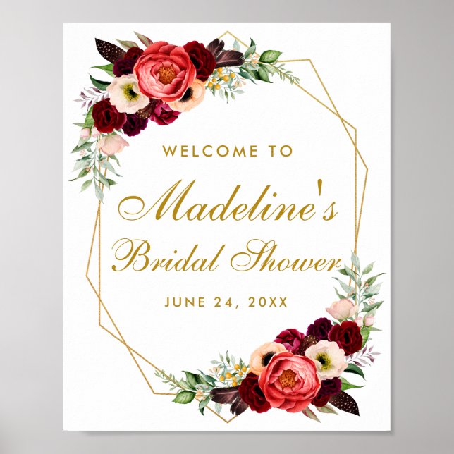 Burgundy Floral Gold Boho Brautparty Willkommen Poster (Vorne)