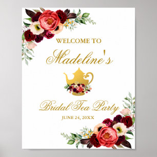 Burgundy Floral Gold Boho Bridal Tee Party Willkom Poster