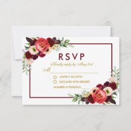 Burgundy Floral Gold Boho Wedding RSVP Karte
