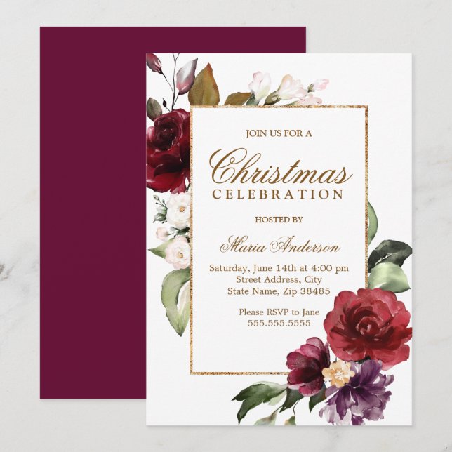 Burgundy Floral Gold Border Christmas Party Einladung (Vorne/Hinten)