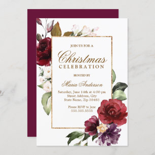 Burgundy Floral Gold Border Christmas Party Einladung