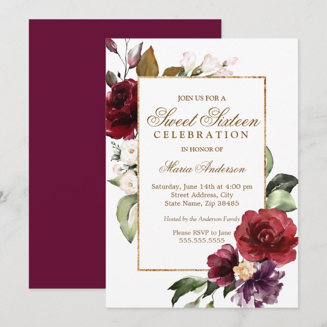 Burgundy Floral Gold Border Sweet 16 Party Einladung (Vorne/Hinten)