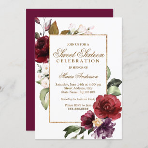 Burgundy Floral Gold Border Sweet 16 Party Einladung