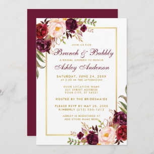Burgundy Floral Gold Brautparty Brunch Einladung B