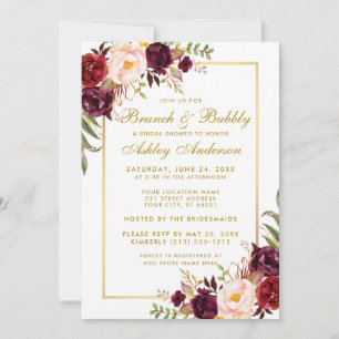 Burgundy Floral Gold Brautparty Brunch Einladung G