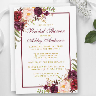 Burgundy Floral Gold Bridal Dusche Einladung F