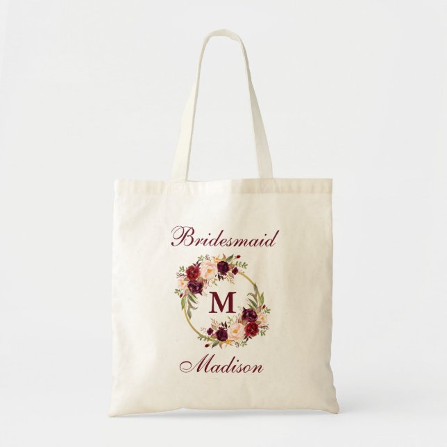 Burgundy Floral Gold Circle Monogram Bridesmaid Tragetasche (Vorne)