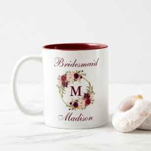 Burgundy Floral Gold Circle Monogram Bridesmaid Zweifarbige Tasse