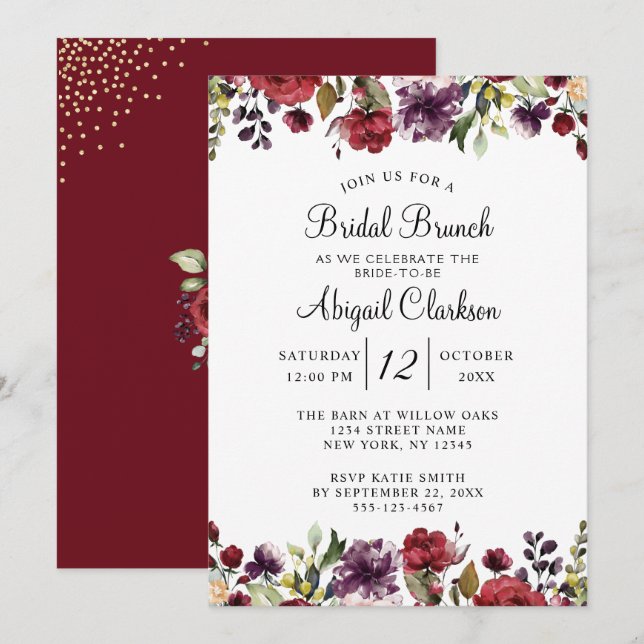 Burgundy Floral Gold Foil Bridal Brunch Dusche Einladung (Vorne/Hinten)