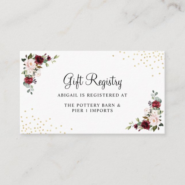 Burgundy Floral Gold Foil Chic Gift Registry Begleitkarte (Vorderseite)