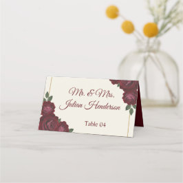 Burgundy Floral & Gold Folded Wedding Place Card Platzkarte